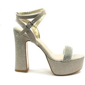 Resim Feles 13 Cm Yüksek Platform Tek Bant Topuklu Taşlı Kadın Abiye Ayakkabı Altın 