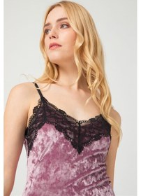 Resim Cottonhill Pudra Dantel Detaylı Kadife Kadın Pijama Takımı Pudra 