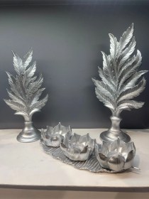 Resim Dekoratif Polyester Ikili Dik Yaprak Ve Üçlü Mumluk Takımı Gümüş 