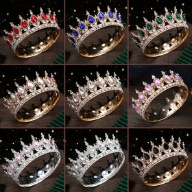 Resim Barok Alaşım Taşlı Yuvarlak Taç - Altın Kristal Tiara, Taşlı Prenses Taç, Prom Partisi, Gelin Düğünü Saç Aksesuarları, Kraliçe Taç, Mükemmel Hediye Seçeneği 