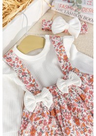 Resim Fiyonklu Bandanalı 100% Pamuk Şık Kız Bebek Jile Etek Elbise Krem 