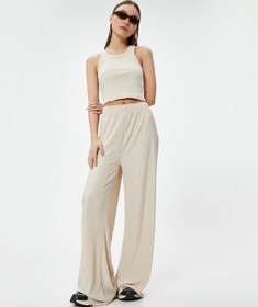 Resim Koton Bol Paça Pantolon Dokulu Standart Bel Rahat Kalıp Bej 4sal40104ık Ekru 