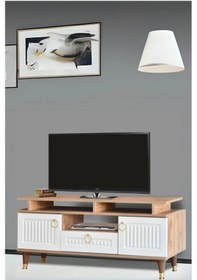 Resim Pera Tv Sehpası Atlantik Çam Krem Renkli 2 Kapaklı Raflı Üst Panel Gold Detaylı 130x59x36 CM 
