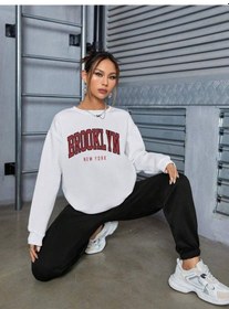 Resim Brooklyn New York Yazı Eşofman Takımı Beyaz Sweatshirt Siyah Jogger - Baskılı Oversize Bisiklet Yak Beyaz 