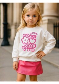 Resim Kız Çocuk Pamuklu Çiçek Desenli Sweatshirt-16337 Ekru 