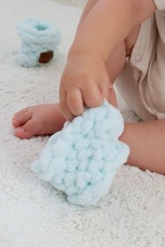 Resim Bugula Bebek Yenidoğan Doğal Panduf 0-3M Mint Fiyonklu Beyaz Erkek El örgüsü Alize Puffy Patik 
