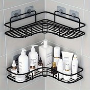 Resim Paslanmaz Çelik Köşe Duş Rafı - Şampuan, Saç Kremi ve Kozmetikler için Duvara Monte Banyo Düzenleyici, Pas Dirençli, Siyah Bitiş, Çoklu Kanca ile Yer Tasarruflu Tasarım, Banyo Dekorasyonu ve Aksesuarları 