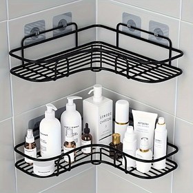 Resim Paslanmaz Çelik Köşe Duş Rafı - Şampuan, Saç Kremi ve Kozmetikler için Duvara Monte Banyo Düzenleyici, Pas Dirençli, Siyah Bitiş, Çoklu Kanca ile Yer Tasarruflu Tasarım, Banyo Dekorasyonu ve Aksesuarları 