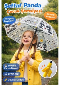 Resim Şeffaf Panda Desenli Çocuk Şemsiyesi Düdüklü Güvenli Tutma Sapı, Rüzgara Dayanıklı 