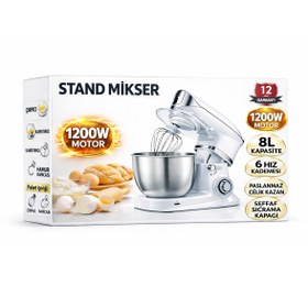 Resim ATLT ATLANTİS 1200W 8 LİTRE HAMUR YOĞURMA MAKİNESİ 6 KADEMELİ 3 APARATLI STAND PASLANMAZ ÇELİK MIXER HM-8087 