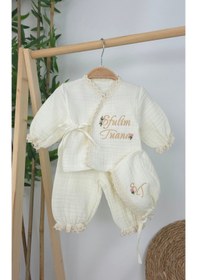 Resim Gros Shop Müslin Yeni Doğan 4katlı Organik %100pamuk Kişiye Özgü Nakışlı Hastane Çıkış Seti Papatya Model-6 Ekru-3 
