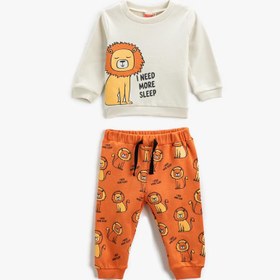 Resim Erkek Bebek Pamuklu Pijama Takımı Aslan Baskılı Sweatshirt ve Beli Lastikli Pijama Altı 2 Parça 