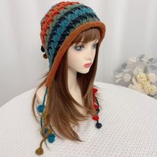 Resim Bohemian El Yapımı Kadın Bere - Esnek Püskül Kulaklıklı, Renkli Top Detaylı ve Bağcıklı Kapanışlı, Katlanabilir Kışlık Şapka, Günlük Kullanım & Festivaller İçin Sevimli Kışlık Başlık, El İşi Dokulu 