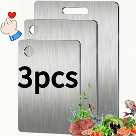 Resim 3 adet Premium Paslanmaz Çelik Kesme Tahtası - Dayanıklı, Kolay Temizlenebilir, Yerden Tasarruf Sağlayan Mutfak Hazırlık Tepsileri, Tutacaklar ile, BPA İçermez, Paslanmaz, Gıda Güvenliği Hazırlığı için İdeal, Gıda Hazırlığı Temel Ürünleri | Modern Mutfak Temel Ürünleri | Dayanıklı Kesme Tahtaları 
