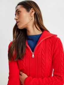 Resim Yarım Fermuarlı Dik Yaka Triko Kazak Saç Örgü Dokulu Uzun Kollu 