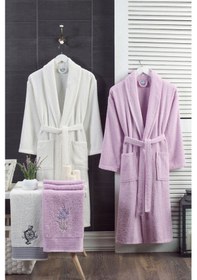 Resim 4lü Bornoz - Nakışlı Havlu Seti Cora Leylak - Erkek Krem S/m Leylak - Erkek Krem 