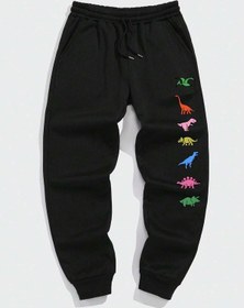Resim Dinosaur Print Drawstring Waist Eşofman Altı Siyah 