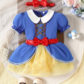Resim Kızlar İçin İlkbahar/Yaz Sevimli Prenses Tarzı Balon Kollu Elbise ve Kurdeleli Bandana, Dış Mekan İçin Mükemmel 