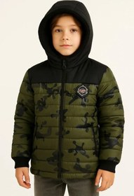 Resim Erkek Çocuk Kamuflaj Desenli Mont İçi Sıcak Tutan Pelüş Astarlı, Kapüşonlu, Fermuarlı Kışlık Su İtici Şişme Mont - Haki - Haki / 10-11 Yaş 