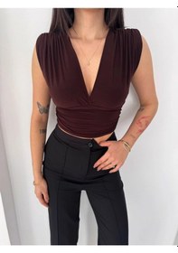 Resim Linum Kadın Vatkalı Kolsuz V Yaka Drapeli Crop Bluz Likralı Fit - Kahverengi Kahve 