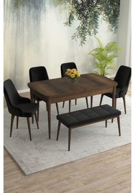 Resim Meri Serisi 80x132 Açılabilir Mdf Barok Ahşap Desen Masa Takımı 4 Gri Sandalye 1 Bench Siyah 