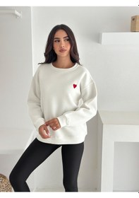 Resim Kadın Kalp Nakışlı Sweatshirt Sade & Sevgi Dolu Stil Beyaz 