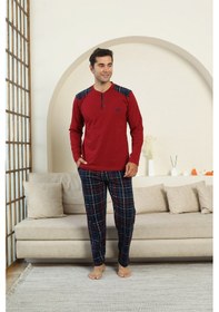 Resim Enisena Erkek %100 İnterlok Pamuk Kumaş Ekose Bloklu Pijama Takımı 12481 Bordo 