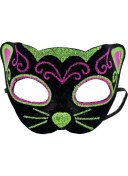 Resim Siyah Kadife Kaplama Üzeri Pembe Yeşil Sim Işlemeli Kedi Maskesi 20X13 cm 