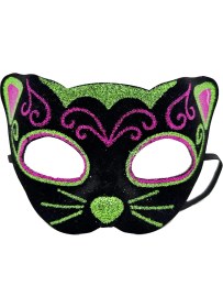 Resim Siyah Kadife Kaplama Üzeri Pembe Yeşil Sim Işlemeli Kedi Maskesi 20X13 cm 