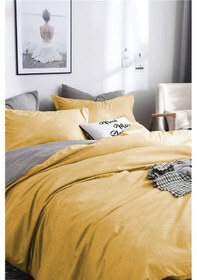 Resim Tek Kişilik Ranforce Çift Taraflı Nevresim Takımı - Lastikli Çarşaflı -sarı/gri 