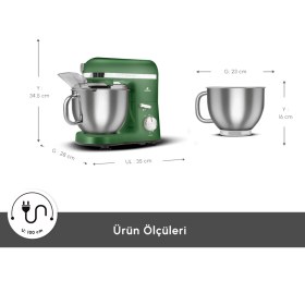 Resim Karaca Mastermaid Chef Pro 1750W 5,9 Lt Çift Kollu Paslanmaz Çelik Stand Mikser, Zero Side Tech, Zümrüt Yeşili 