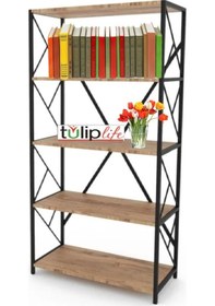 Resim Tuliplife 5 Raflı Dekoratif Koyu Ceviz Metal Kitaplık, Tlpk05s.k 