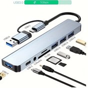Resim Tablet/Bilgisayar/Cep Telefonu ile Uyumlu, 4 USB Portlu, 1 USB-C Portlu, TF/SD Kart Okuyucu ve Ses Çıkışı İçeren 8'li USB Hub 