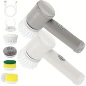 Resim Çoklu fırça başlıklı şık T şekilli elektrikli temizlik fırçası seti. USB şarj edilebilir orta sertlikte el tipi fırça, mutfak, oturma odası, banyo gibi alanlar ve ayakkabı, kanepe, tencere altı lekelerini temizler 