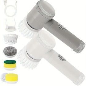 Resim Çoklu fırça başlıklı şık T şekilli elektrikli temizlik fırçası seti. USB şarj edilebilir orta sertlikte el tipi fırça, mutfak, oturma odası, banyo gibi alanlar ve ayakkabı, kanepe, tencere altı lekelerini temizler 