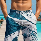 Resim Erkek Atletik Yüzme Şortları, Bağcıklı Bel, %100 Polyester, Makinede Yıkanabilir - Teal, Beyaz ve Gri Geometrik Desen, Ayarlanabilir Konfor Şortları|Spor Yüzme Şortları|Bel Bantı Tasarımı 