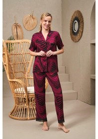 Resim Pjs 25140 Kadın Yakalı Düğmeli Desenli Kısa Kollu Pijama Takım Bordo 