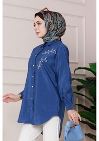 Resim Sevitli Önü İnci Taş İşlemeli Tunik-mavi-4794 Mavi 