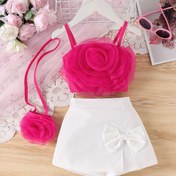 Resim Gençlik 3D Gül Çiçeği Baskılı Atlet ve Beyaz Etek Seti - Pembe Çiçek Desenli, Esnek Polyester, Rahat Yaz Kıyafeti 