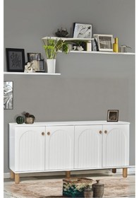 Resim Lidya Konsol 4 Kapaklı Beyaz Krem Ahşap Görünümlü Ayaklı 180x80x44 Cm 
