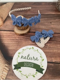 Resim NATURA DESİGN Örgü Fiyonk Taç Indigo- Ikili Çıt Çıt Toka Seti Hediyeli 