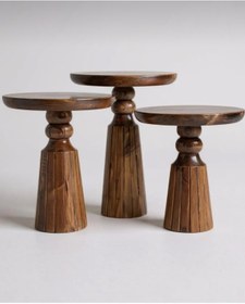 Resim AYLESA Doğal Ahşap 3’lü Set Mantar Yan Sehpa Modern Ceviz Renk Fiskos Zigon Çiçeklik 