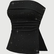 Resim Y2K Simli Omuzsuz Kolsuz Üst Yırtmaç Detaylı - Yüksek Esneklikte Streç Kumaş, Büzgülü Bel ve Makinede Yıkanabilir Kadın Moda Üstü Her Mevsim İçin, Günlük Şık Giysi | Omuzları Açık Üst | Parıltılı Doku 
