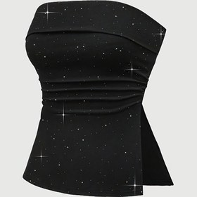 Resim Y2K Simli Omuzsuz Kolsuz Üst Yırtmaç Detaylı - Yüksek Esneklikte Streç Kumaş, Büzgülü Bel ve Makinede Yıkanabilir Kadın Moda Üstü Her Mevsim İçin, Günlük Şık Giysi | Omuzları Açık Üst | Parıltılı Doku 