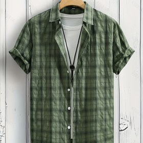 Resim Erkek Yaz Rahat Ekose Gömlek, 60% Polyester 34% Pamuk 6% Rayon, Kısa Kollu, Yaka Yaka, Esnek Olmayan Dokuma, Düzenli Kesim, Açık Hava Yürüyüşü ve Hafta Sonu Giyim - 105gsm 