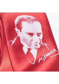Resim Çocuk Boy Atatürk Ve Imza Baskılı Saten Kırmızı Kravat - Ck-28 
