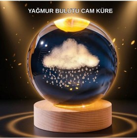Resim Bfs Led Sıcak Işıklı 3d Bulut Figürlü Kristal Küre Ahşap Standlı Gece Lambası 