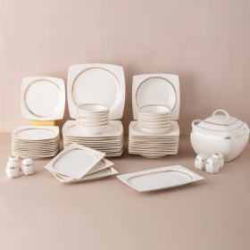 Resim Emsan Fine Bone 60 Parça 12 Kişilik Gold Desenli Kare Yemek Takımı Beyaz Malzeme 
