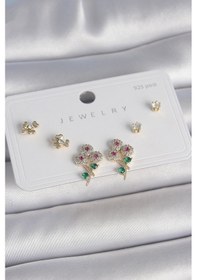 Resim Pirinç Gold Renk Renkli Zirkon Taşlı Çiçek Model Yaprak Detay 925 Ayar Gümüş Çivi Kadın Küpe Seti Altın 