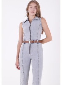 Resim Dekoratif Kemer Detaylı Ve Kolsuz Fermuarlı Rahat Kot Kadın Tulum Kar Yıkama Açık Mavi Denim Kar Yıkama Açık Mavi 